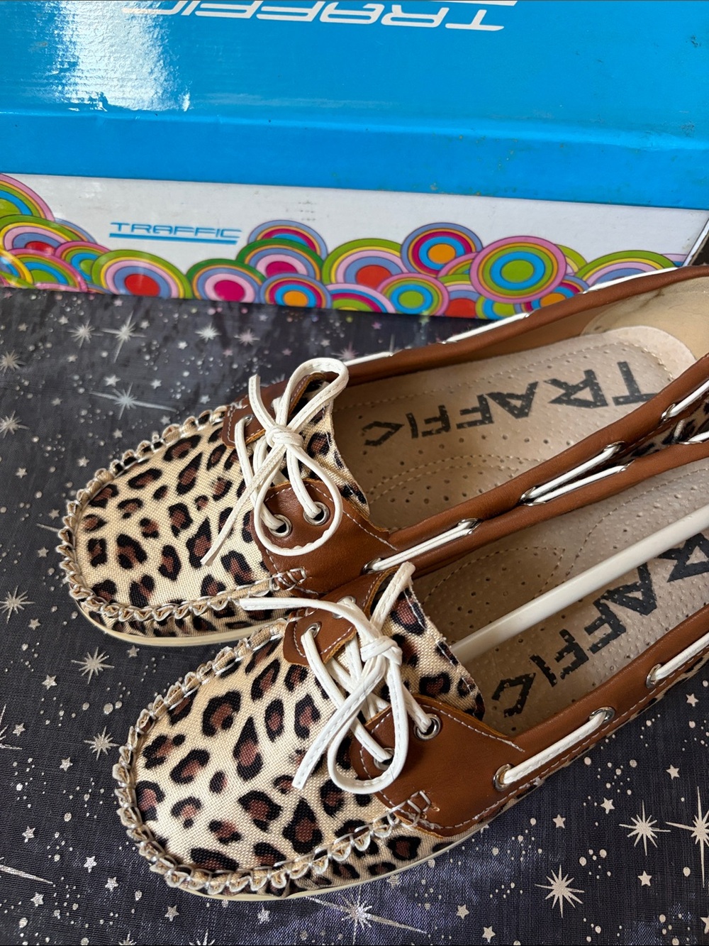 Traffic Leopard Print Moccasin Loafers with Brown Trim and White Laces